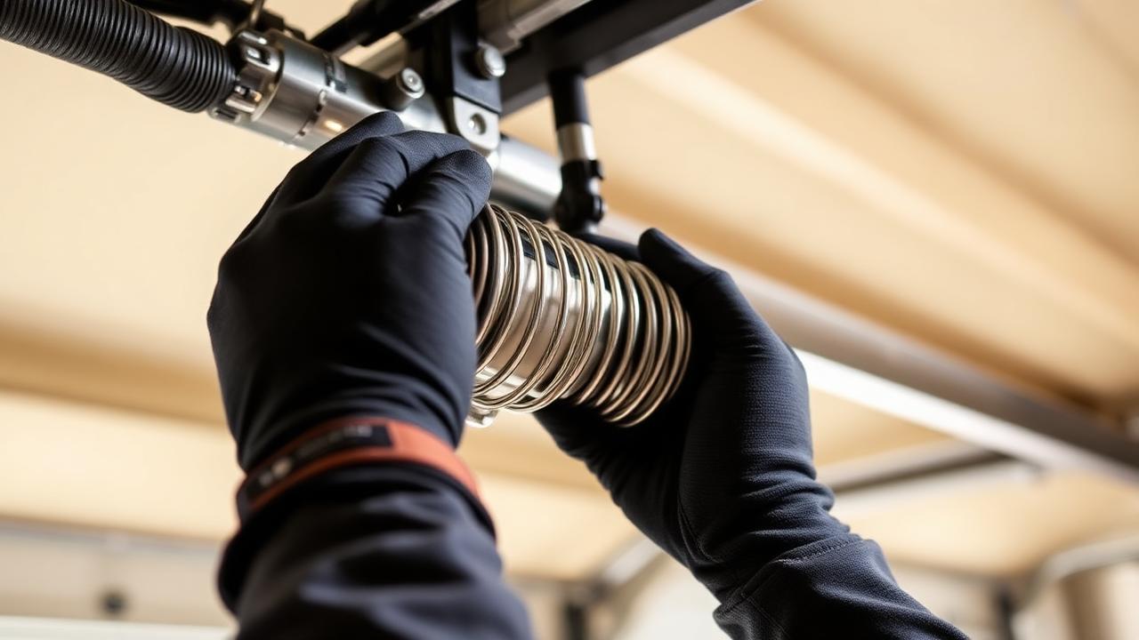 Technician replacing a torsion garage door spring on a residential garage door in Hillsborough, NC